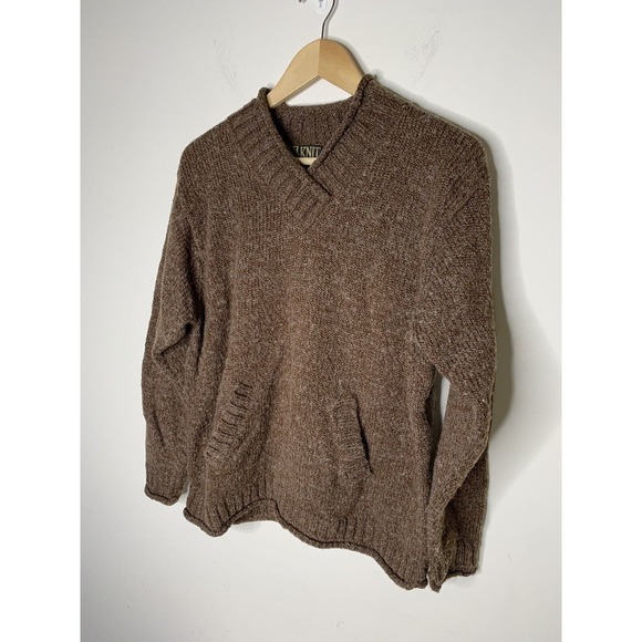 Vintage Sweater Womens Large VNeck Wool Blend Kangaroo Pocket Brown In Knit - Picture 2 of 6